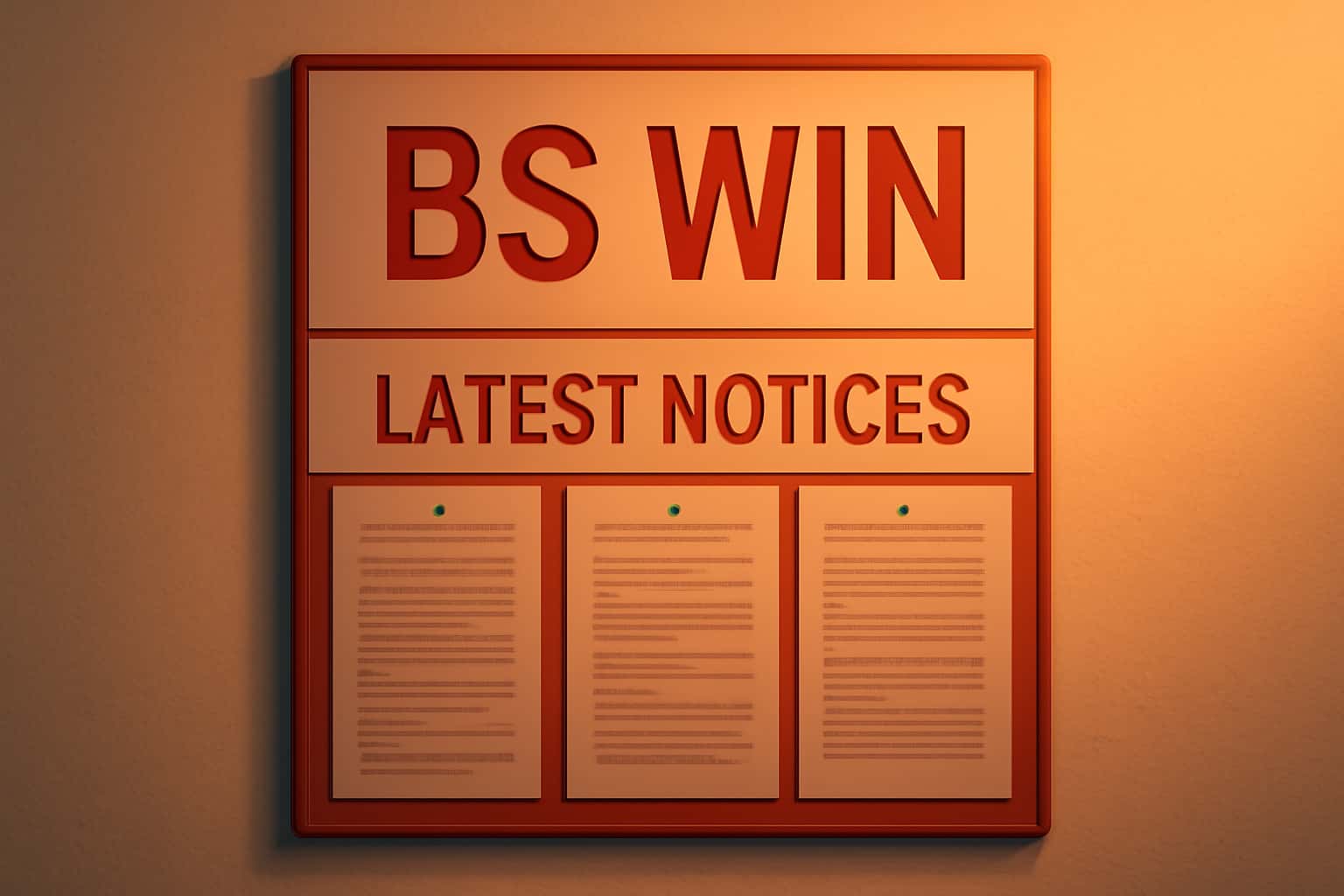 A professional informational scene showcasing the BS Win app notices.